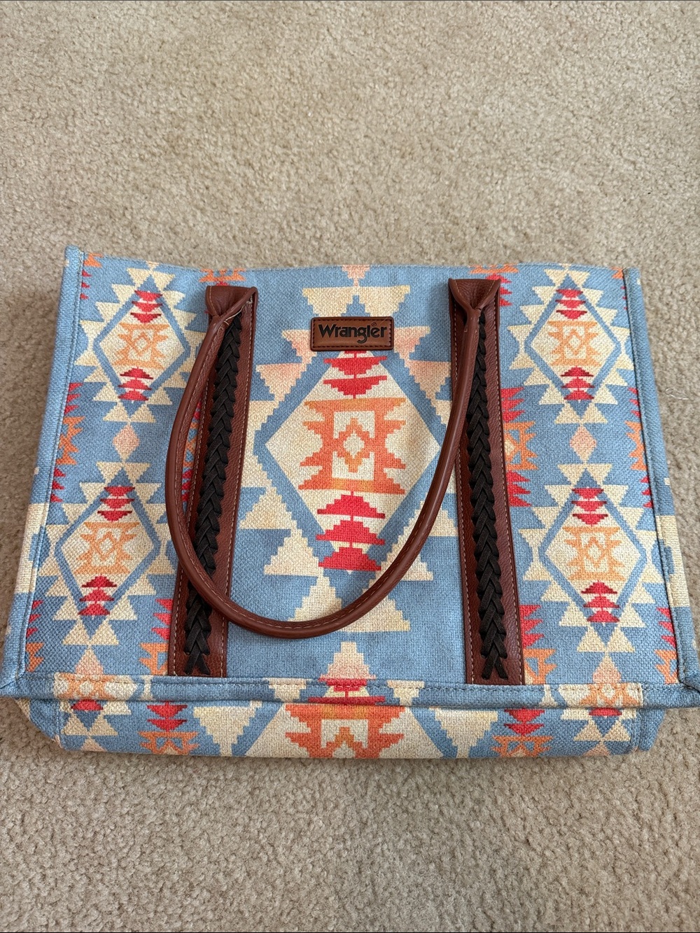 Wrangler Blue Aztec Tote with Brown Braided Handles